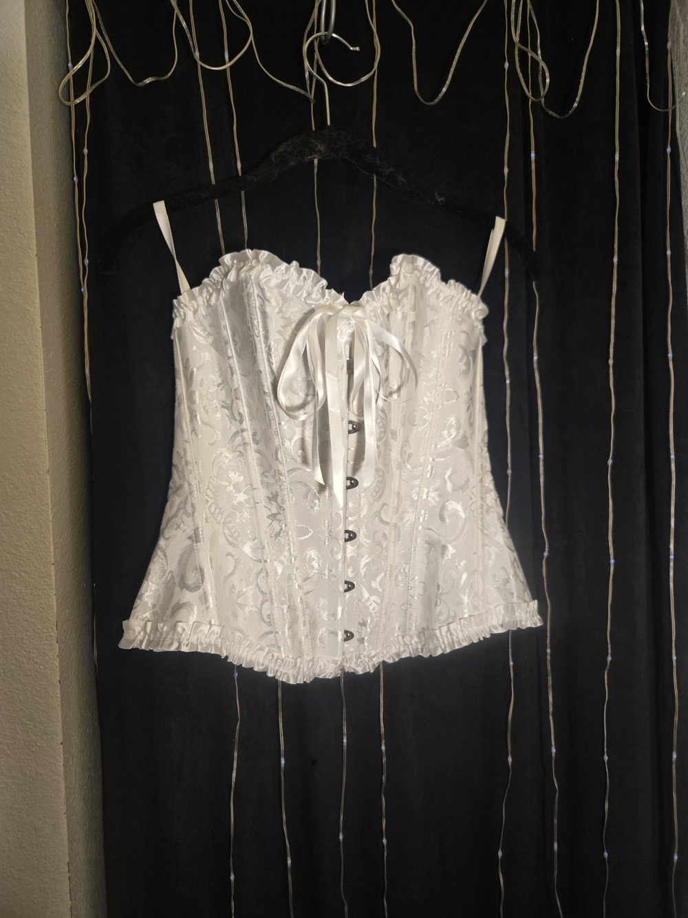 White Satin Brocade Corset Top with Ribbon Tie